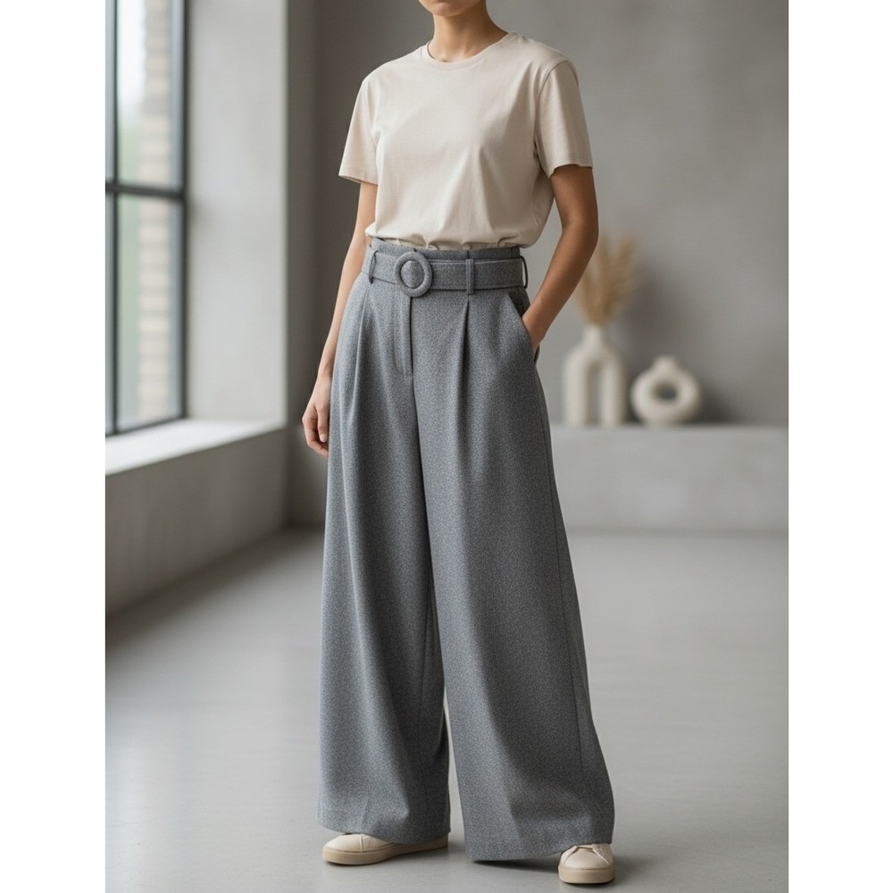 Wide Leg High-Waist Belted Trousers in Grey